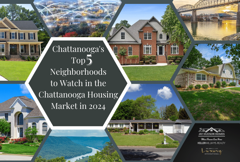 Header for the article about Chattanooga housing market and the top 5 neighbors to watch. Includes pictures of 2 story brick homes and 1 story ranch homes