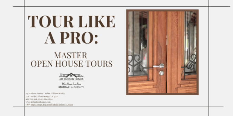 Cream and Brown Graphic with a picture of wood french doors and left door is opening. Title is Tour Like a Pro: Master Open House Tours