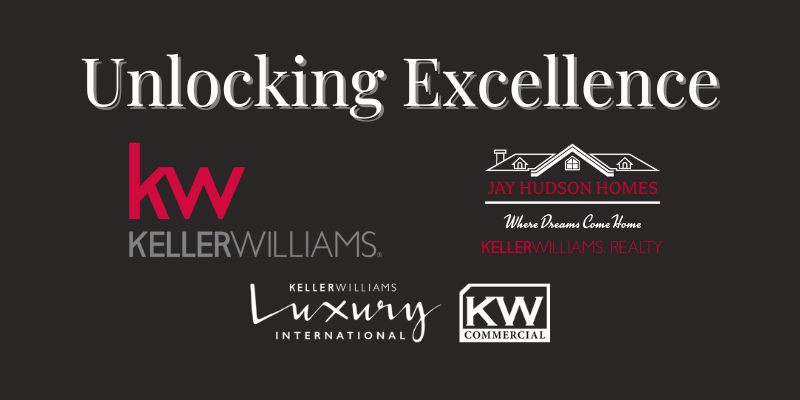 Header Image for Unlock Chattanooga Real Estate Excellence with Jay Hudson Homes & Chattanooga Keller Williams Realty. Black background with KW logo, Jay Hudson Homes logo KW Commercial and Luxury logo