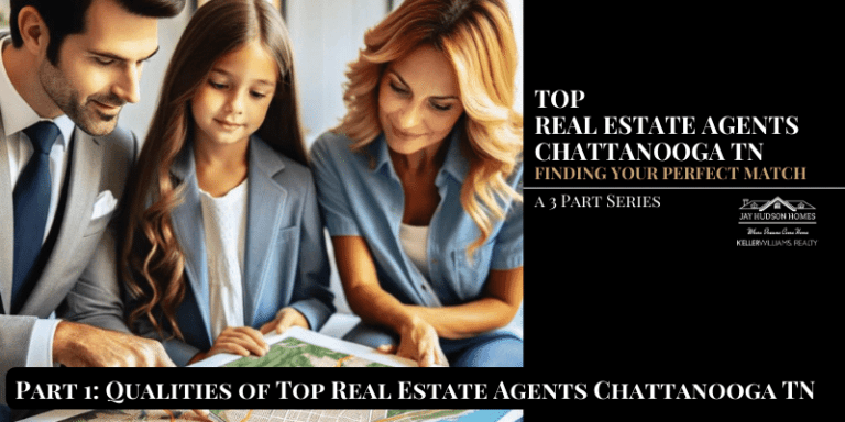 Header image for article top real estate agents chattanooga tn including a photo of a mom and elementary age daughter looking at a map with a male real estate agent.