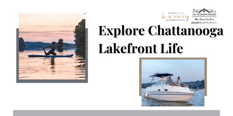 Header for article Explore Chattanooga Lakefront Life. White back ground with 2 photos left photo woman on paddle board with sunset doing yoga. Right photo of cabin cruiser on lake with blue grey sky.