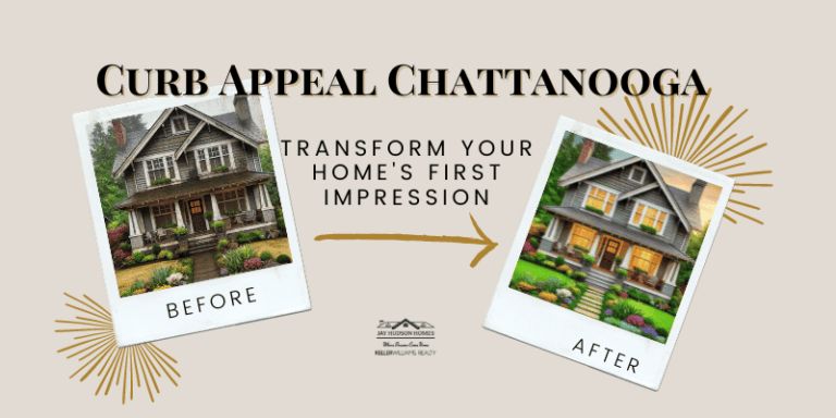 Header graphic for article Curb Appeal Chattanooga beige background with gold accents and an ai generate photo of 2 story craftsman home before and after landscaping