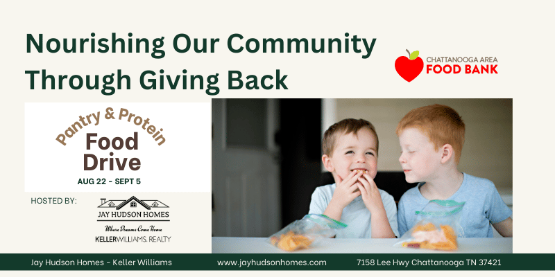 Header for the article nourishing our community through giving back. Cream Back ground with Food Drive information and a picture of two boys on the right eating a snack.