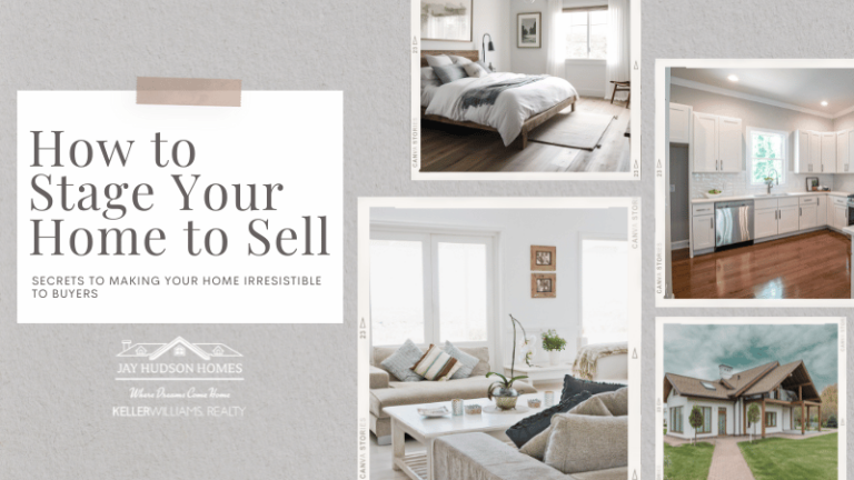 Header for "How to Stage Your Home" graphic with 4 photos of staged rooms bedroom, kitchen, living room, and front of home.