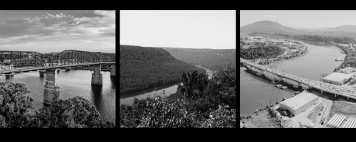 Main image for the article Tennessee River Floods, 3 black and white photos of the TN river at normal levels. Image one of the the bridges, image 2 towards the bend looking at lookout mtn, image 3 between 2 mountains.